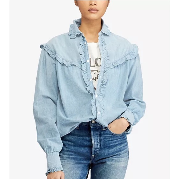 POLO RALPH LAUREN Ruffle-Trim Denim Cotton Shirt Size M - Picture 3 of 11